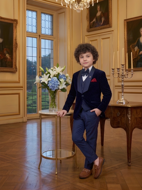 Boys' Navy Blue Textured Velvet Coat Suit with Vest and Bow Tie