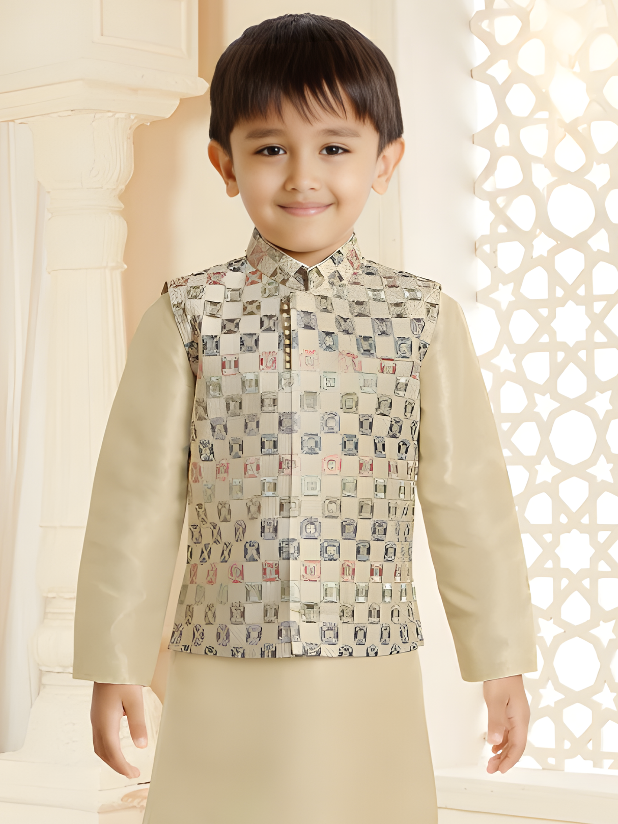 Boys' Festive Beige/Cream Kurta Set with Multi-Color Patterned Waistcoat