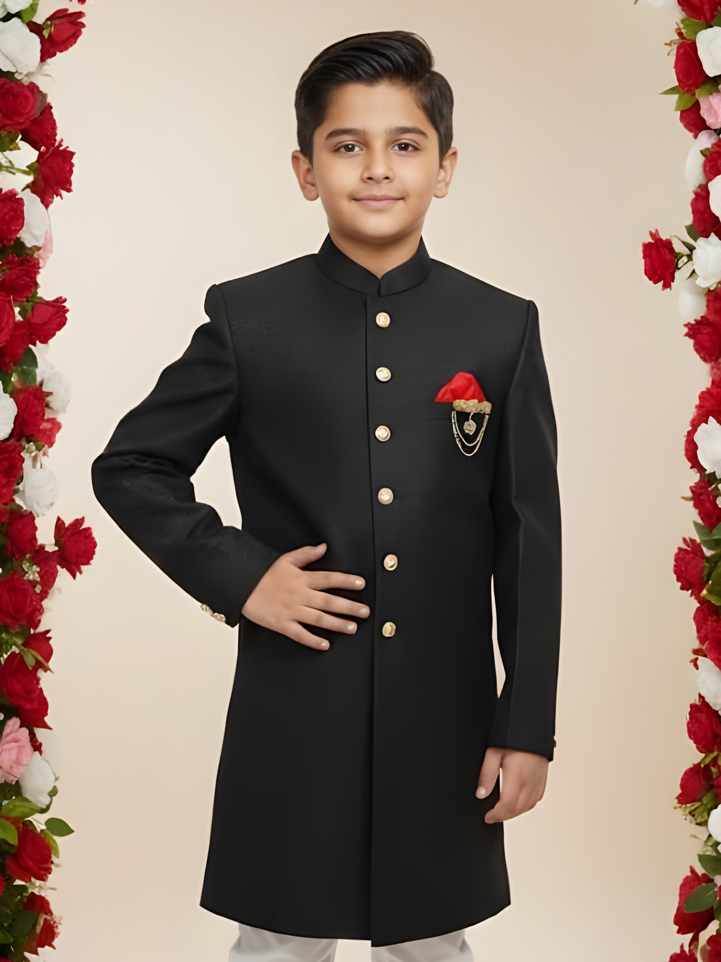 Boys' Classic Black Textured Sherwani Suit with White Churidar