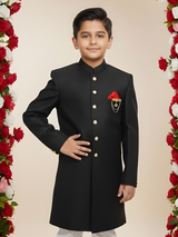 Boys' Classic Black Textured Sherwani Suit with White Churidar