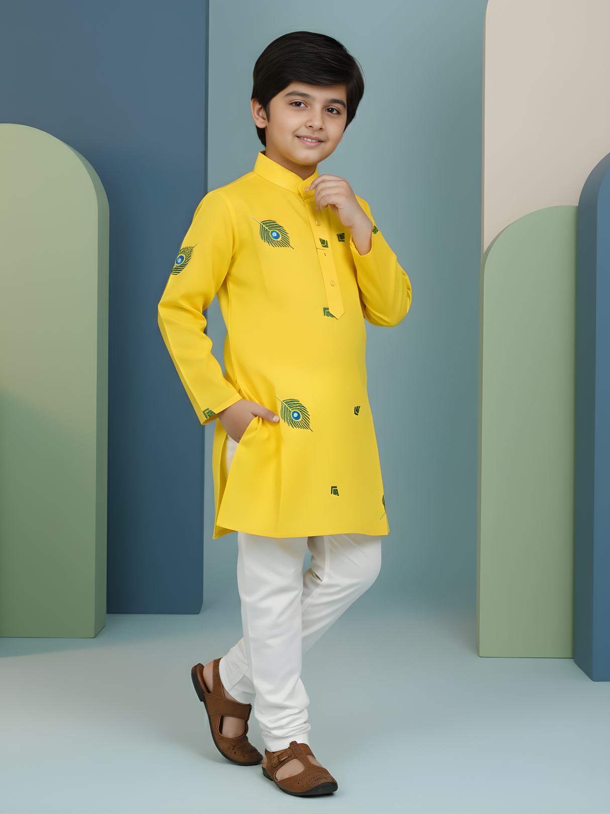 Boys' Festive Yellow Angrakha Kurta and Red Dhoti Set with Patchwork Applique
Handle