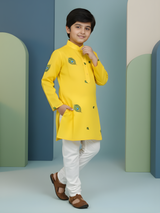 Boys' Festive Yellow Angrakha Kurta and Red Dhoti Set with Patchwork Applique
Handle