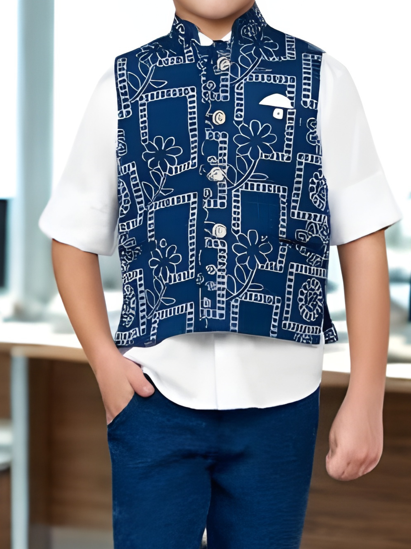Boys' Navy Blue & White Printed Waistcoat Set.