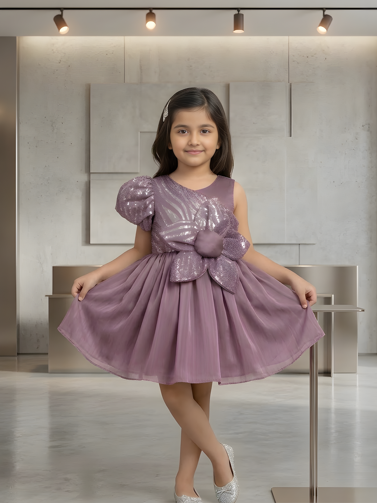 Girls' Mauve One-Shoulder Party Frock with Sequin Zebra Print and Flower.