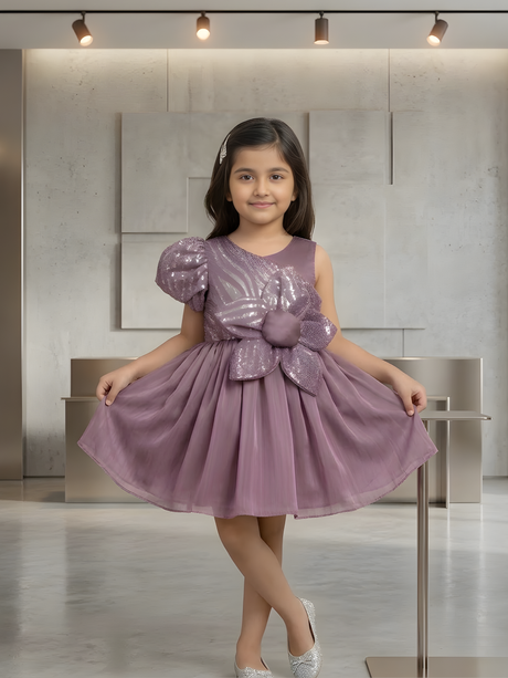 Girls' Mauve One-Shoulder Party Frock with Sequin Zebra Print and Flower.