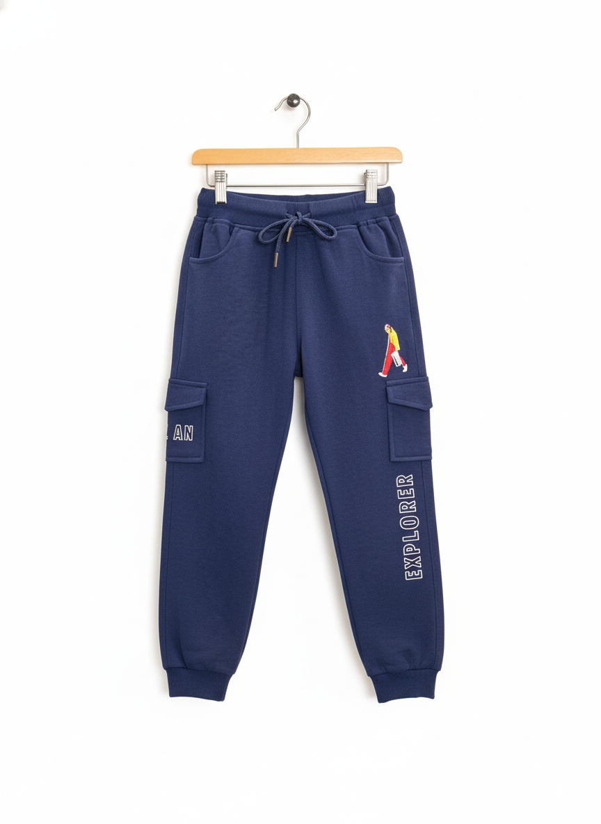 Navy blue fleece jogger pants for boys featuring cargo style pockets, a white drawstring, and the embroidered text 'EXPLORER'.