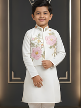 Boys Pristine White Kurta Pajama Set with Floral Embroidered Nehru Jacket