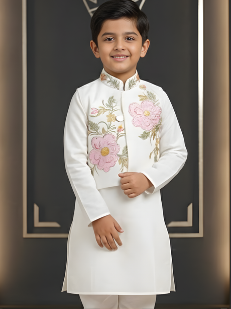 Boys Pristine White Kurta Pajama Set with Floral Embroidered Nehru Jacket
