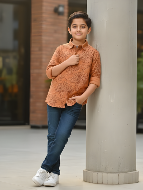 Boys Burnt Orange Floral Embroidered Party Wear Shirt