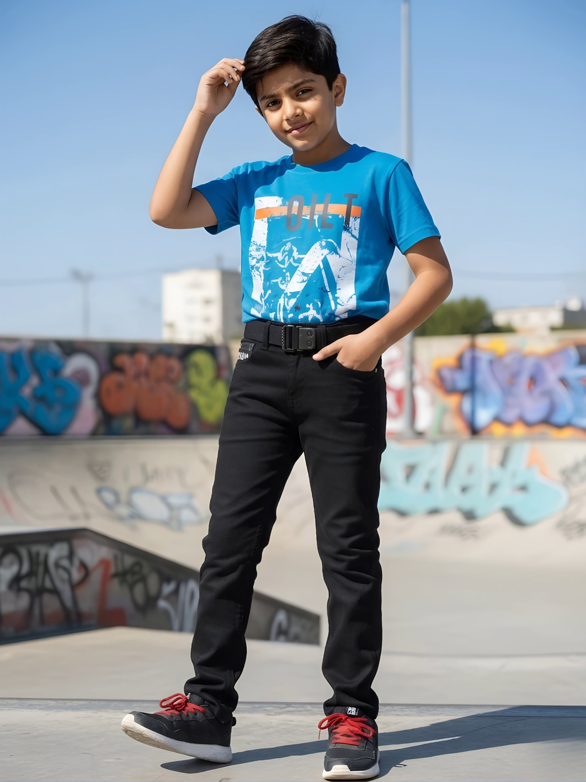 Boys' Black Slim-Fit Jeans with Utility Buckle Belt