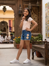 Girls' Floral Embroidered Blue Denim Shorts