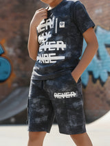Boys Black Acid Wash 'Never' Graphic Shorts Set