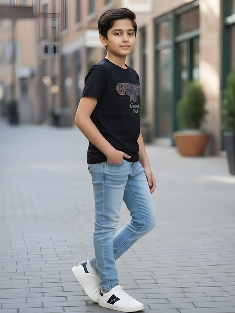 Kids' Designer-Inspired Bee Graphic T-Shirt - Black Short Sleeve Tee.