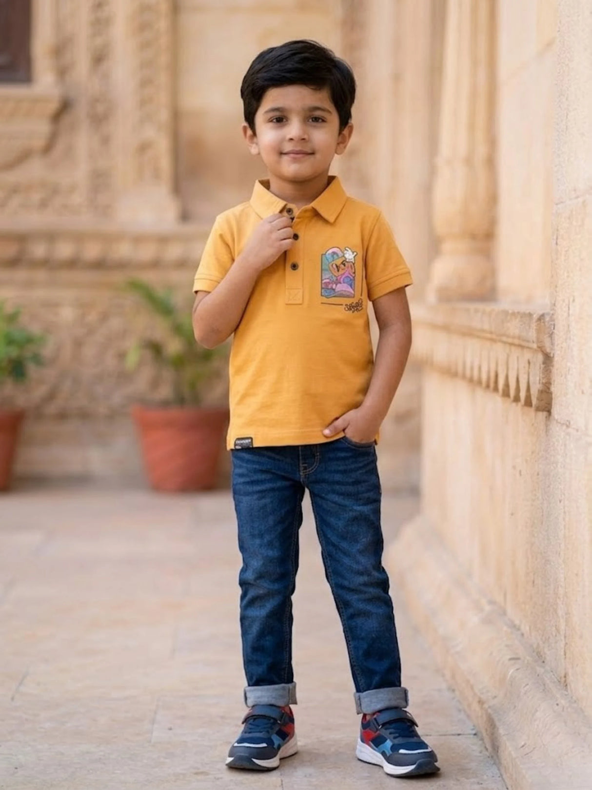 Boys Classic Orange Polo T-Shirt with Graphic Detail
