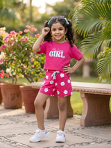 Girls Rani Pink Cotton Floral Print T-Shirt and Shorts Coordinate Set