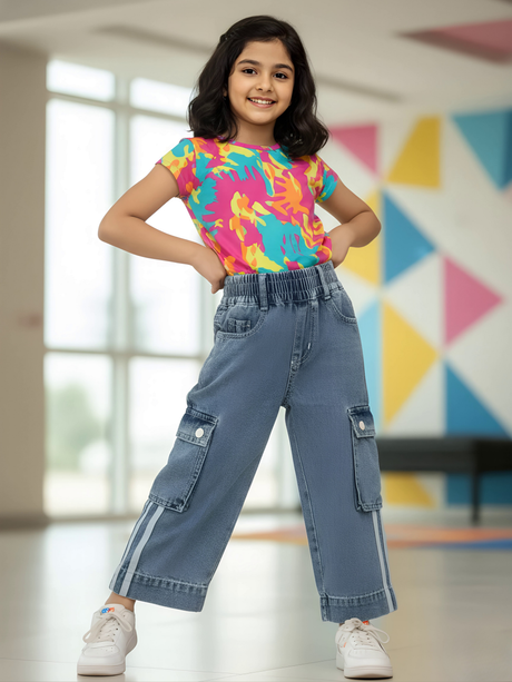 Girls High-Waist Wide Leg Denim Cargo Pants - Atlantic Blue