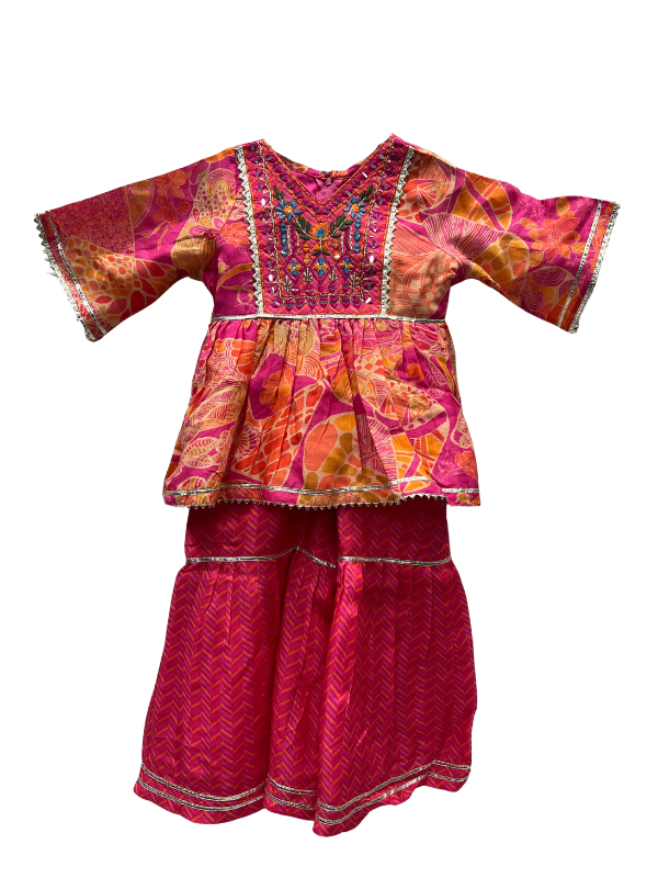 Girls Traditional Ethnic Dress - Pink Kurti with Skirt and Dupatta