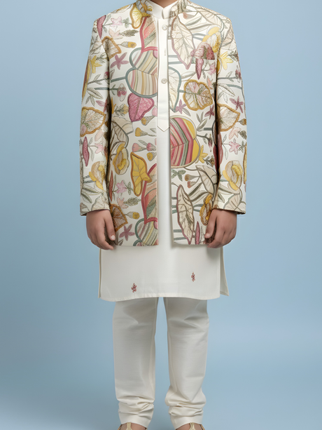 Boys' Cream Kurta Pajama with Multi-Color  Jacket