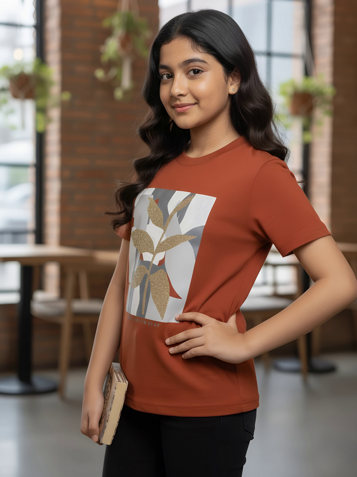 Girls' Earthy Brown Botanical Graphic Boxy Top