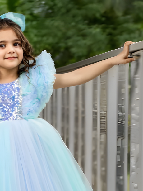 Girls Party Heavy Western Gown With Work - Sky Blue