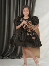 Girls' Black Satin Party Frock with Metallic Gold 3D Rose and Puffy Sleeves