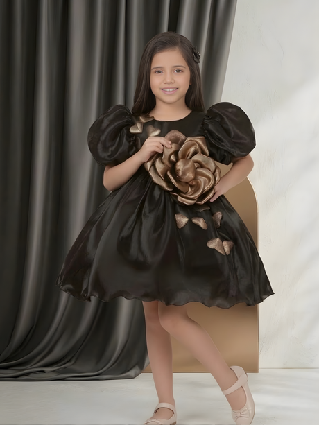 Girls' Black Satin Party Frock with Metallic Gold 3D Rose and Puffy Sleeves
