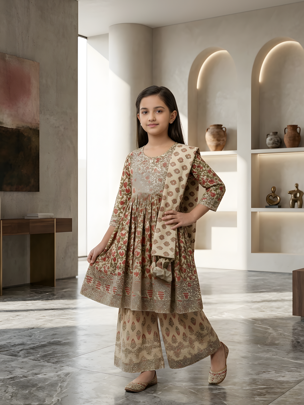 Girls' Elegant Cream Block Print Kurti, Sharara, and Dupatta Set with Heavy Embroidery