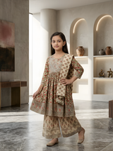 Girls' Elegant Cream Block Print Kurti, Sharara, and Dupatta Set with Heavy Embroidery