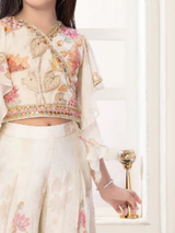 Girls' Chic Cream Embroidered Kurti & Wide-Leg Palazo Set (2-Piece)