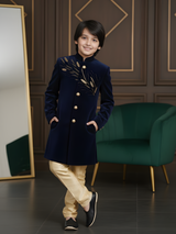 Boys' Blue Velvet Indo-Western Sherwani with Gold Zari Embroidery and Trousers Set