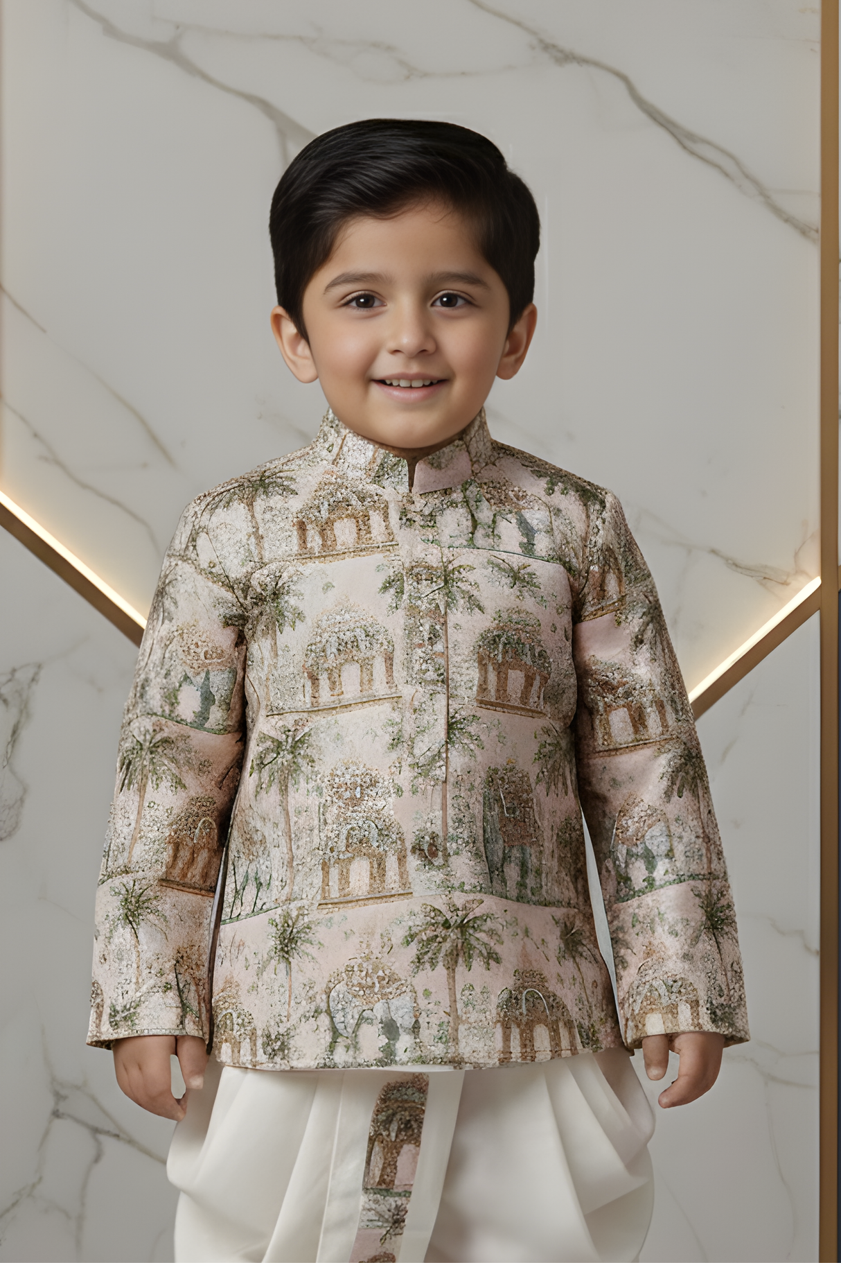 Boys' Cream Silk-Blend Kurta Set with Mirror-Work Nehru Jacket