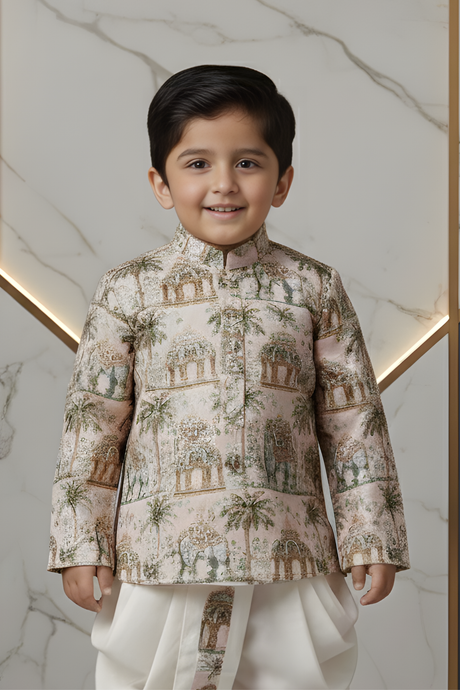 Boys' Cream Silk-Blend Kurta Set with Mirror-Work Nehru Jacket