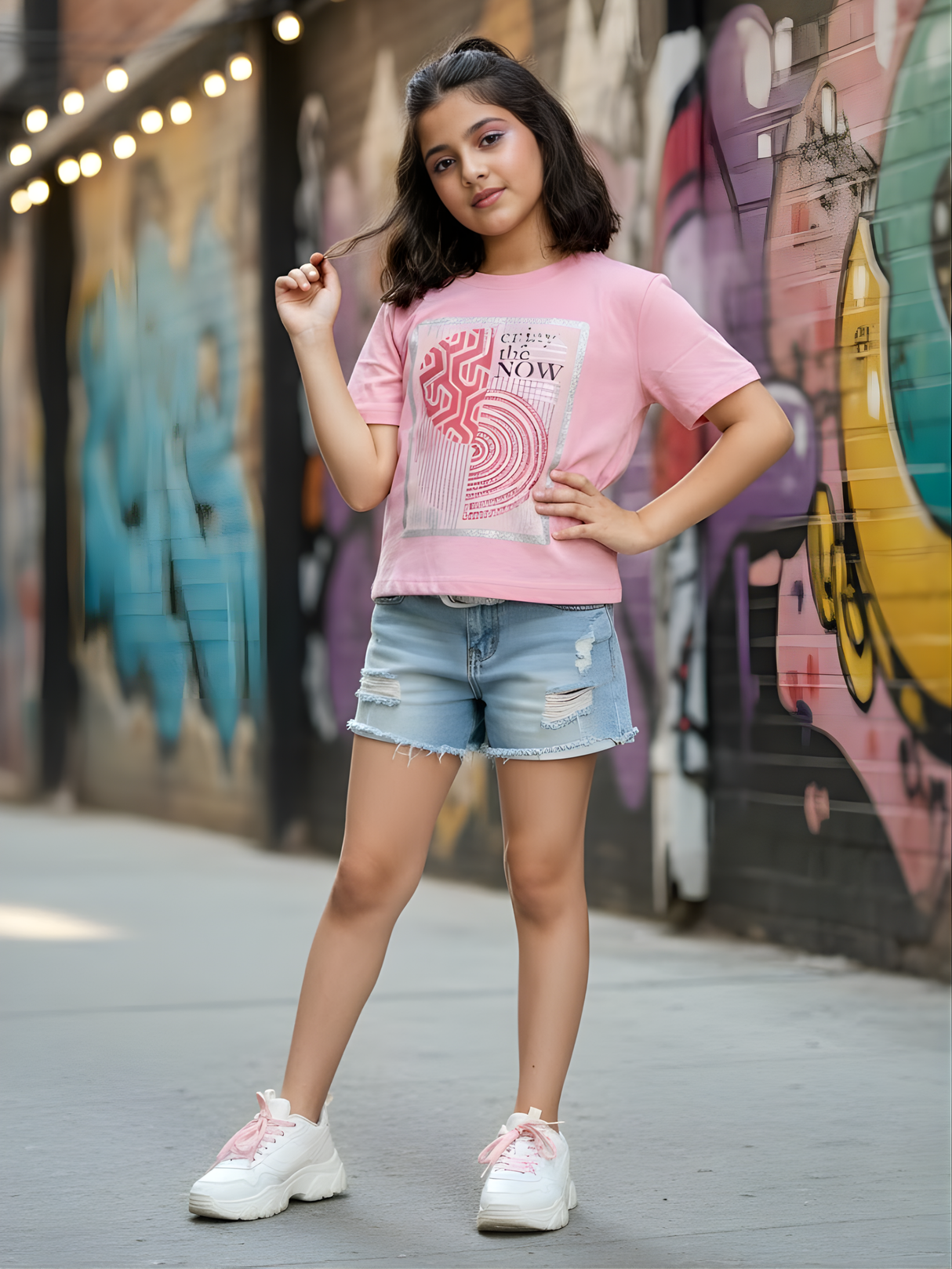 Girls Blush Pink "Enjoy The Now" Abstract Graphic Top.