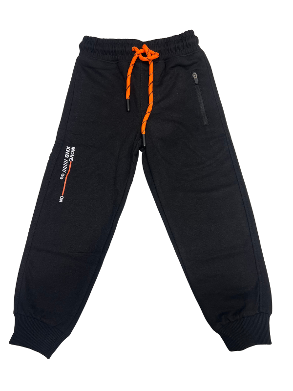Boys Black Jogger Pants with Orange Drawstring and Zippered Pockets