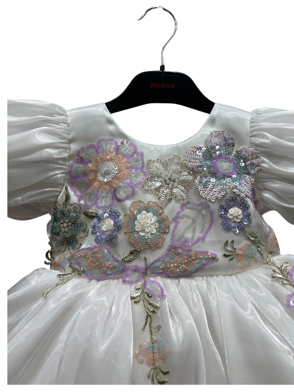 Baby Girl White Floral Party Dress with Puff Sleeves & Sequin Embroidery