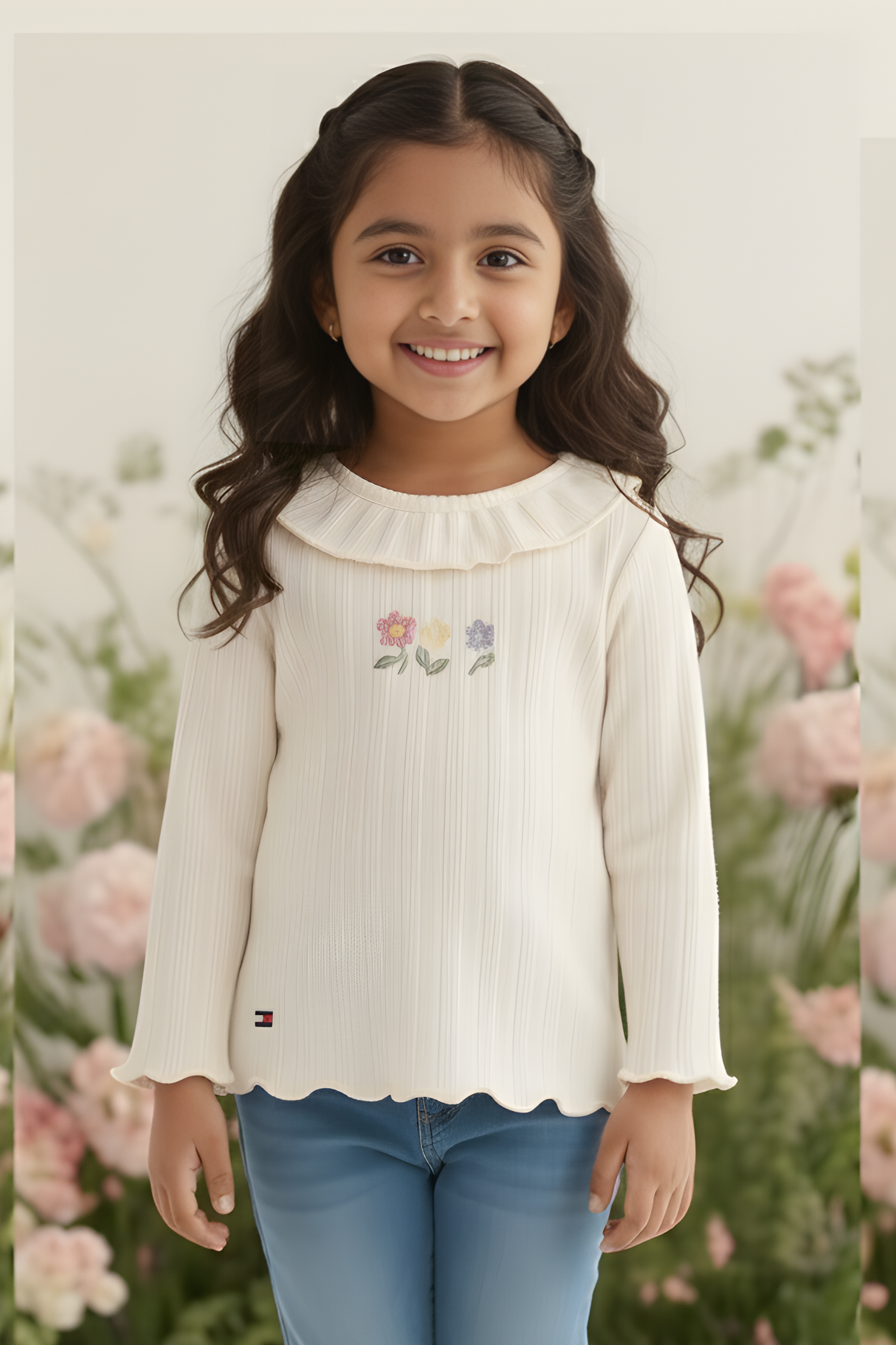 Girls' Cream Ruffled Ribbed Long-Sleeve Embroidered Top