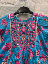 Girls' Blue Floral Ethnic Set with Embroidered Top & Palazzo Pants