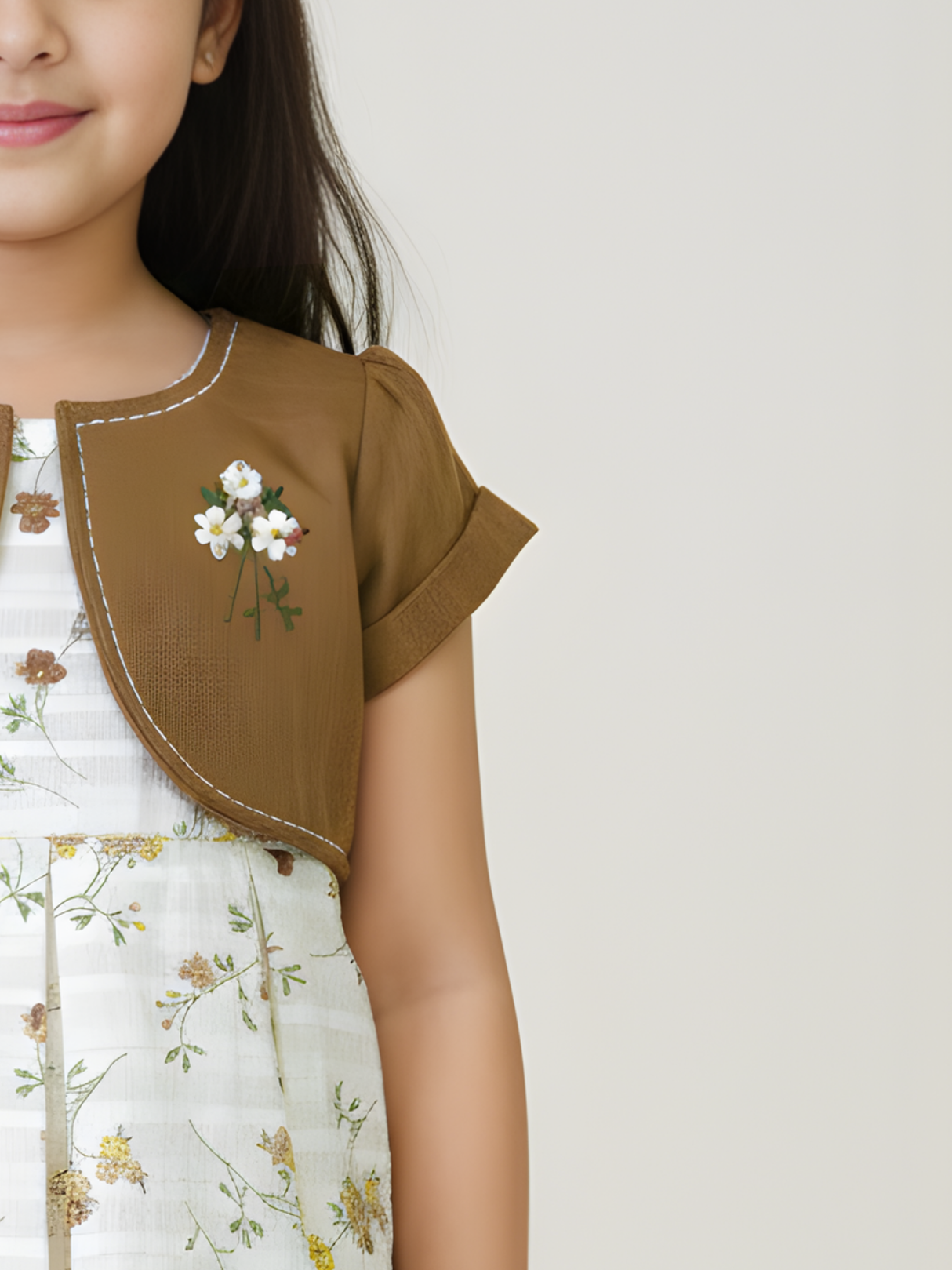 Rustic Chic Floral Frock Set with Embroidered Brown Bolero