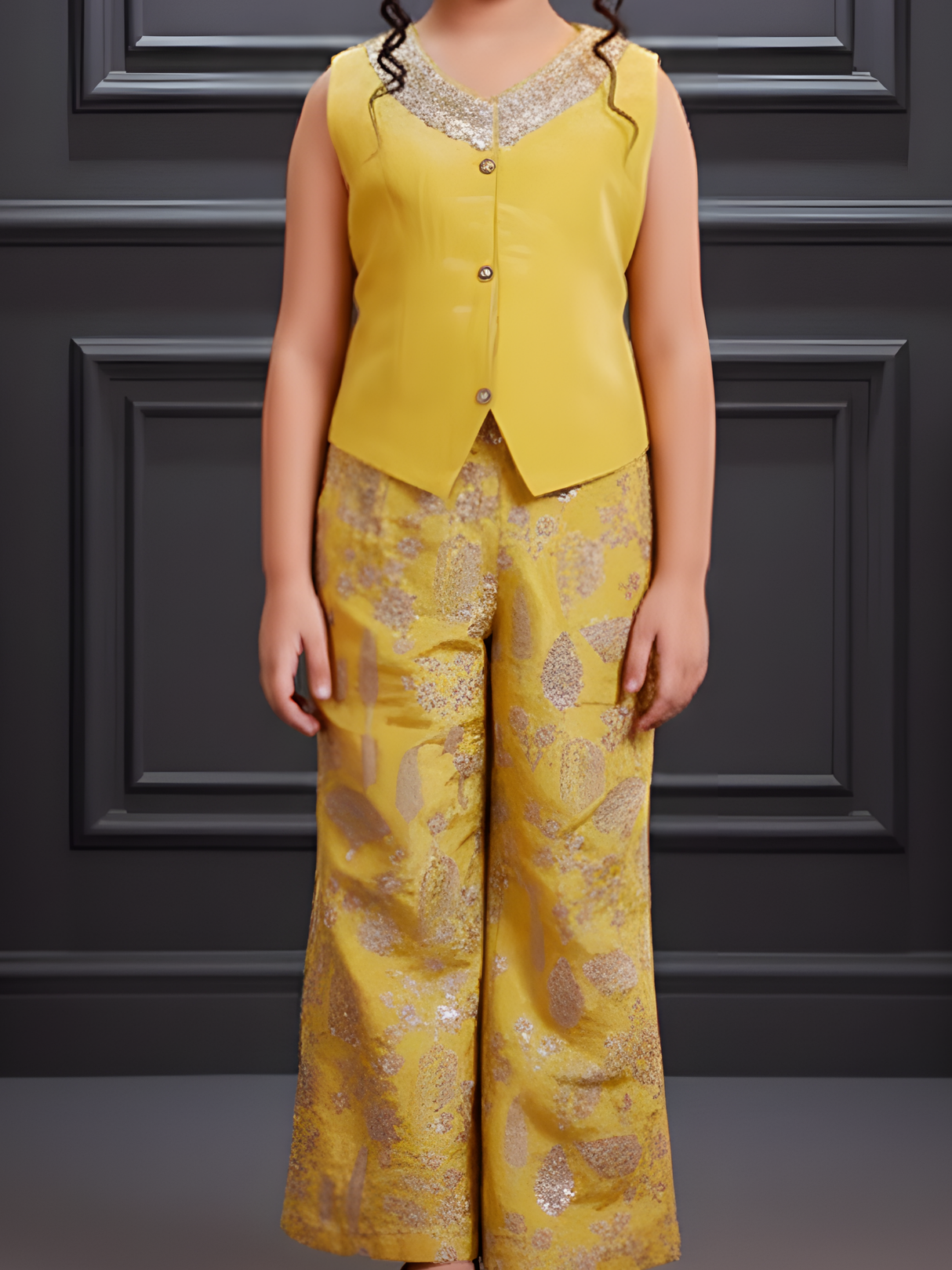 Girls' Festive Mustard Yellow Vest and Embroidered Palazzo Set
