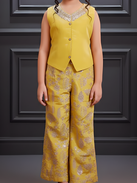 Girls' Festive Mustard Yellow Vest and Embroidered Palazzo Set