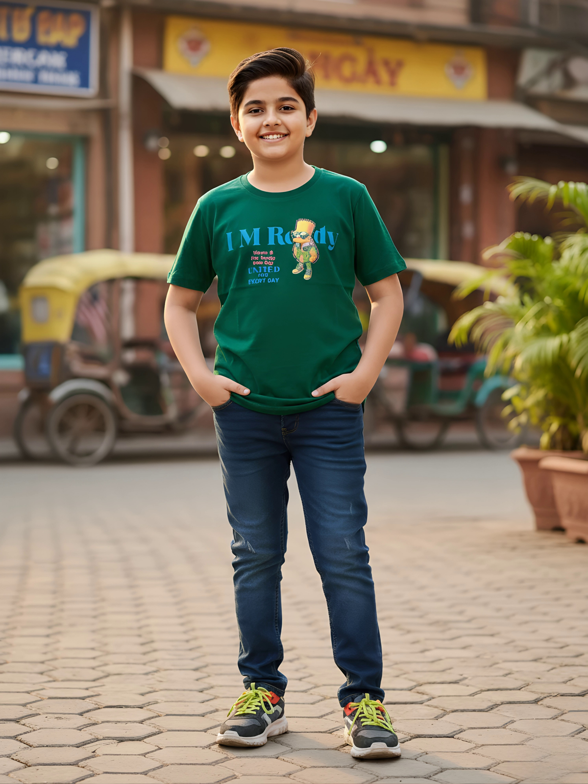 Boys' Casual Green Graphic Print Cotton T-Shirt