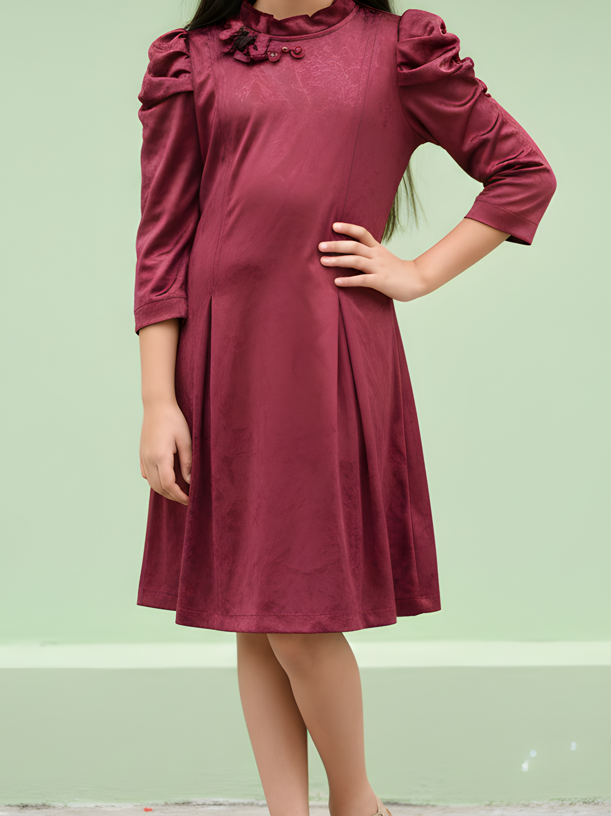 Girls Casual A Line Fancy one piece dress - Maroon