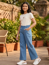 Girls' Stylish High-Waist Wide-Leg Denim Pants