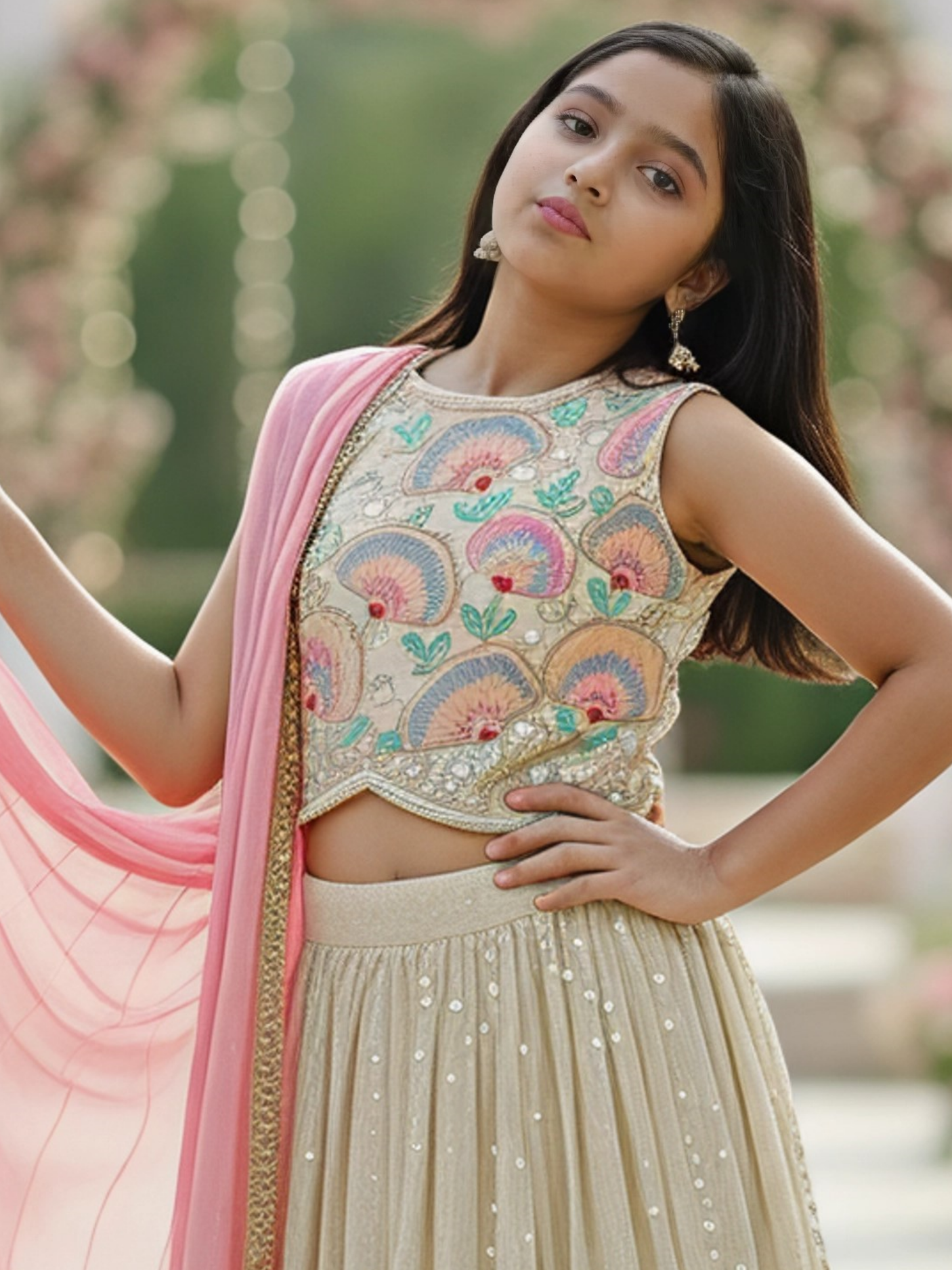 Girls' Elegant Cream Floral Embroidered Choli Set with Pink Dupatta