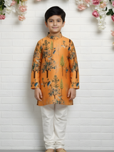 Boys' Bright Yellow Angrakha Kurta and White Pajama Set with Peacock Print
