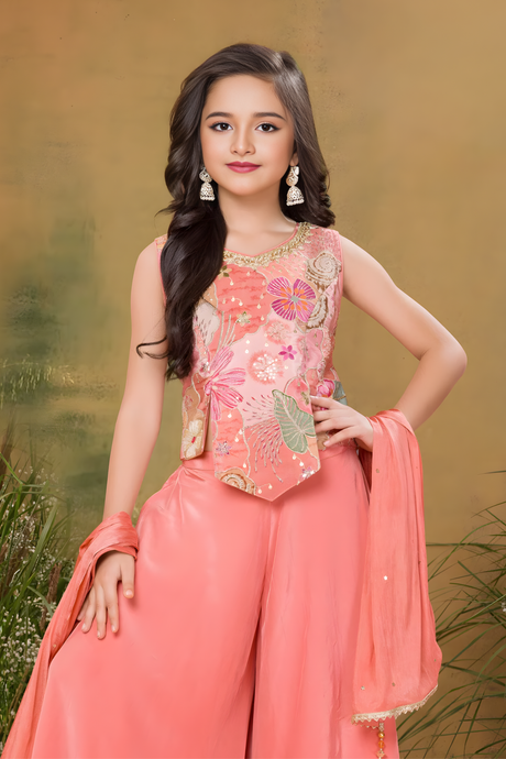 Girls' Floral Embroidered Sharara Set