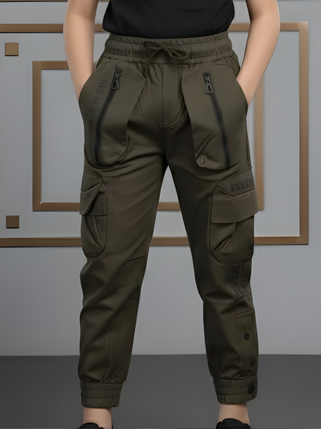 Boys' Olive Green Multi-Pocket Tactical Track Pants