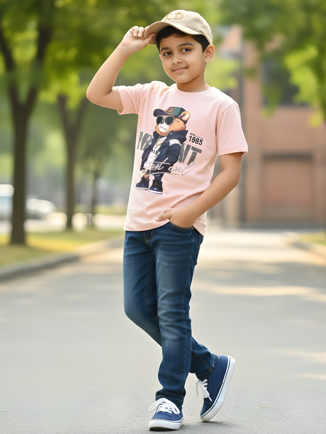 Boys' "Urban Bear" Streetwear Graphic T-Shirt - Soft Peach