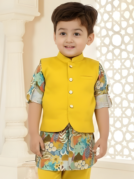 Boys' Yellow Kurta Set with Aqua-Green Printed