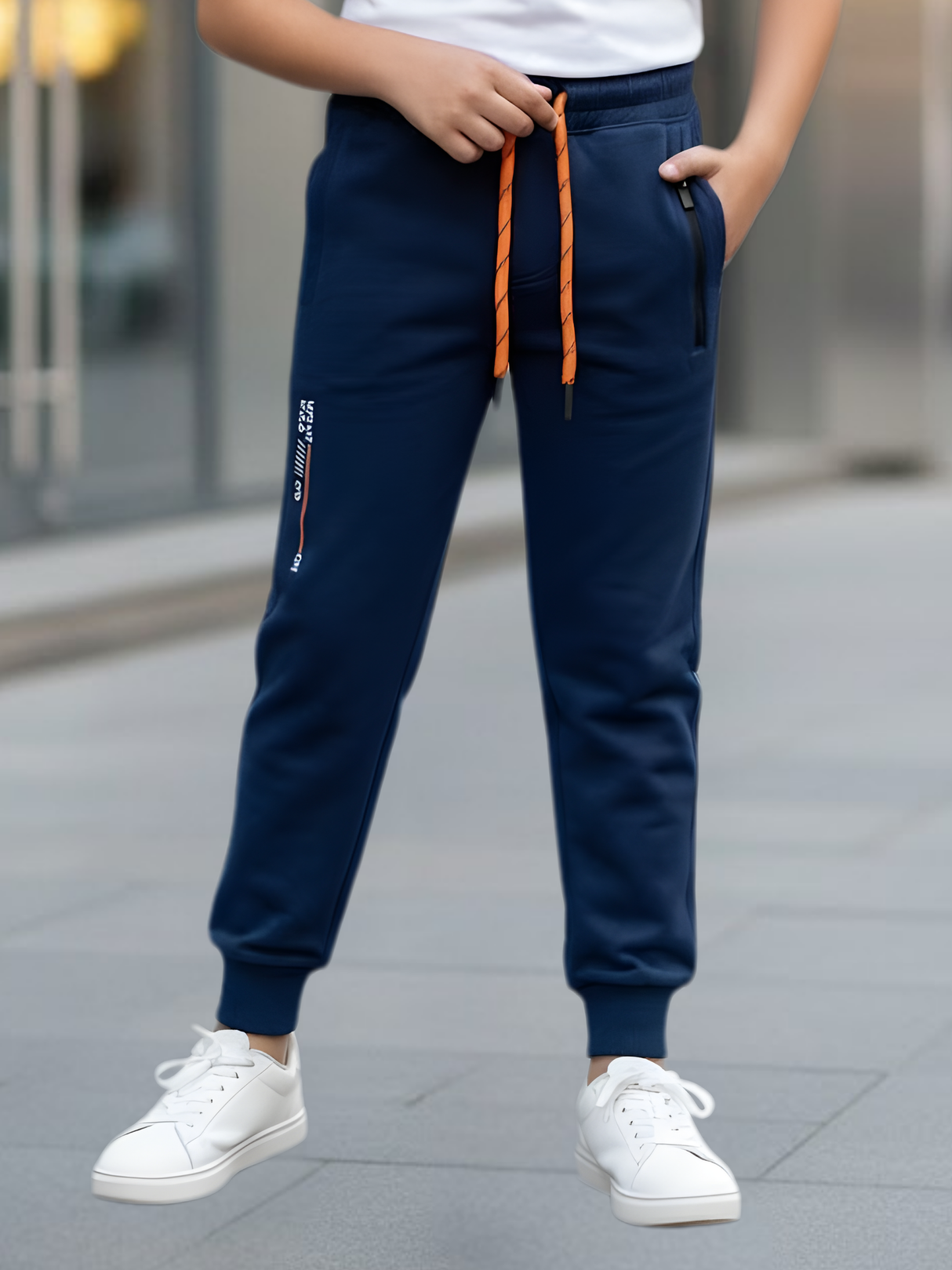 Boys' Navy Blue Cotton Blend Joggers with Contrast Drawstring